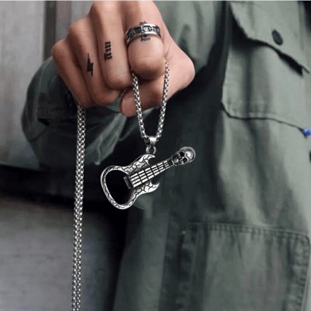 SILVER SKULL GUITAR BOTTLE OPENER NECKLACE